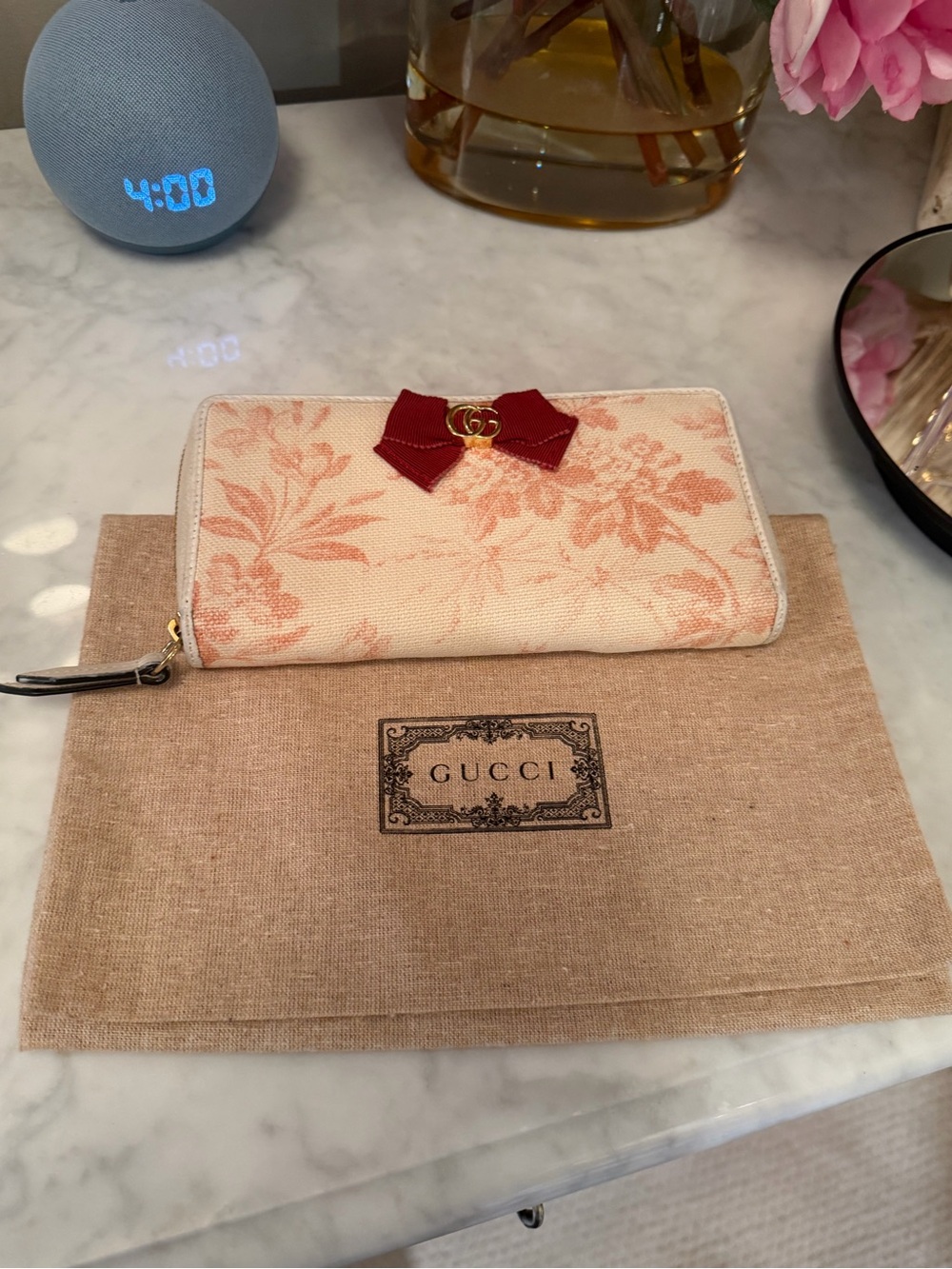 Gucci Cream Canvas Long Ziparound Wallet w Red Bow + Coral Floral Print + Dusty - Picture 13 of 16
